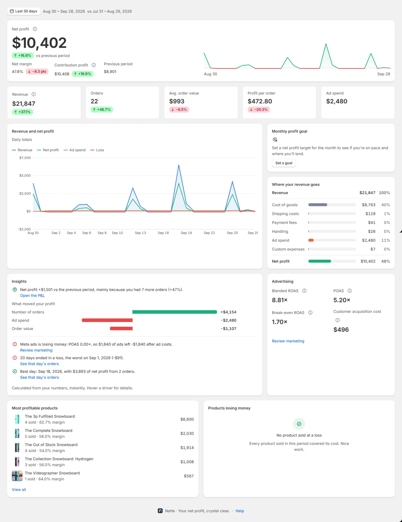 Dashboard screen of Nette on a demo store